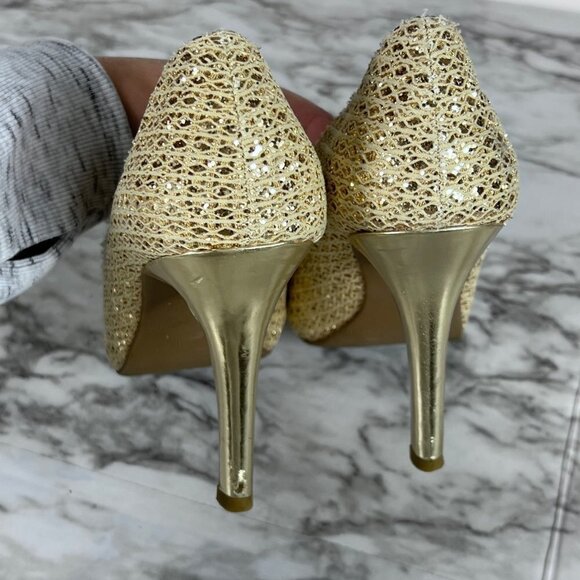 𝅺AUDREY Brook Peep Toe Heels Quillan Gold Cross Stitch size 9.5 - Picture 9 of 13